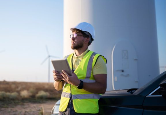 White male field service technician inspecting windmill towers